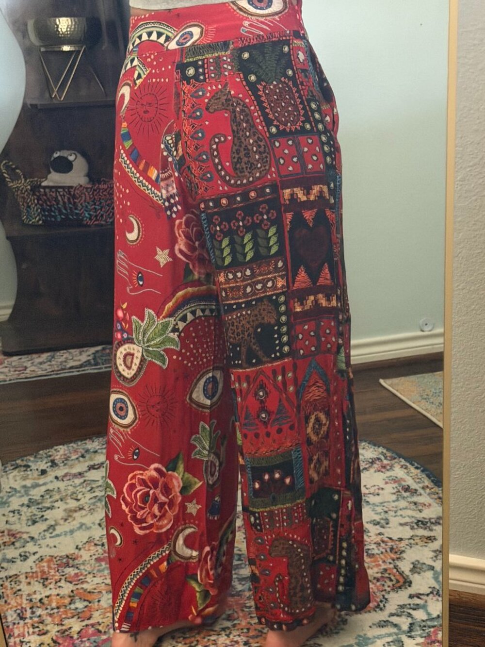 FARM Rio Mystic Red Mixed Print Wide Leg Pants Medium Boho Evil Eye - Picture 9 of 15